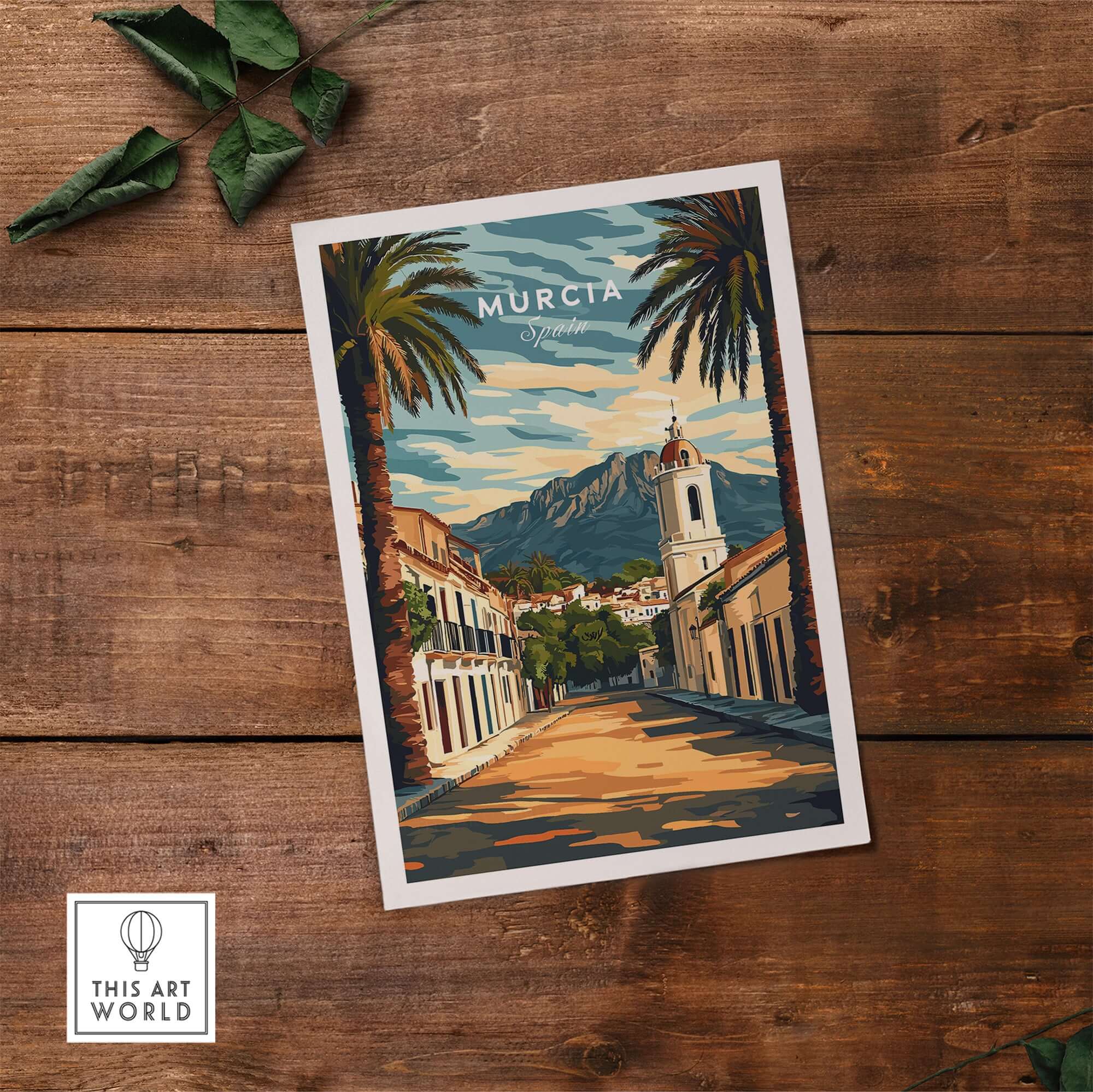 Murcia Travel Poster depicting vibrant architecture and palm trees in a scenic street view of Murcia, Spain.