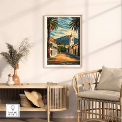 Murcia Travel Poster showcasing vibrant architecture and palm trees in a stylish home setting.