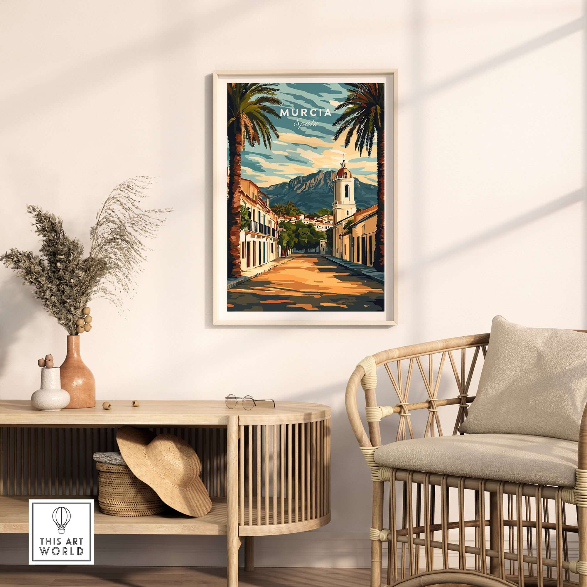 Murcia Travel Poster showcasing vibrant architecture and palm trees in a stylish home setting.