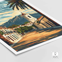 Murcia Travel Poster featuring stunning architecture and palm trees with mountains in the background.