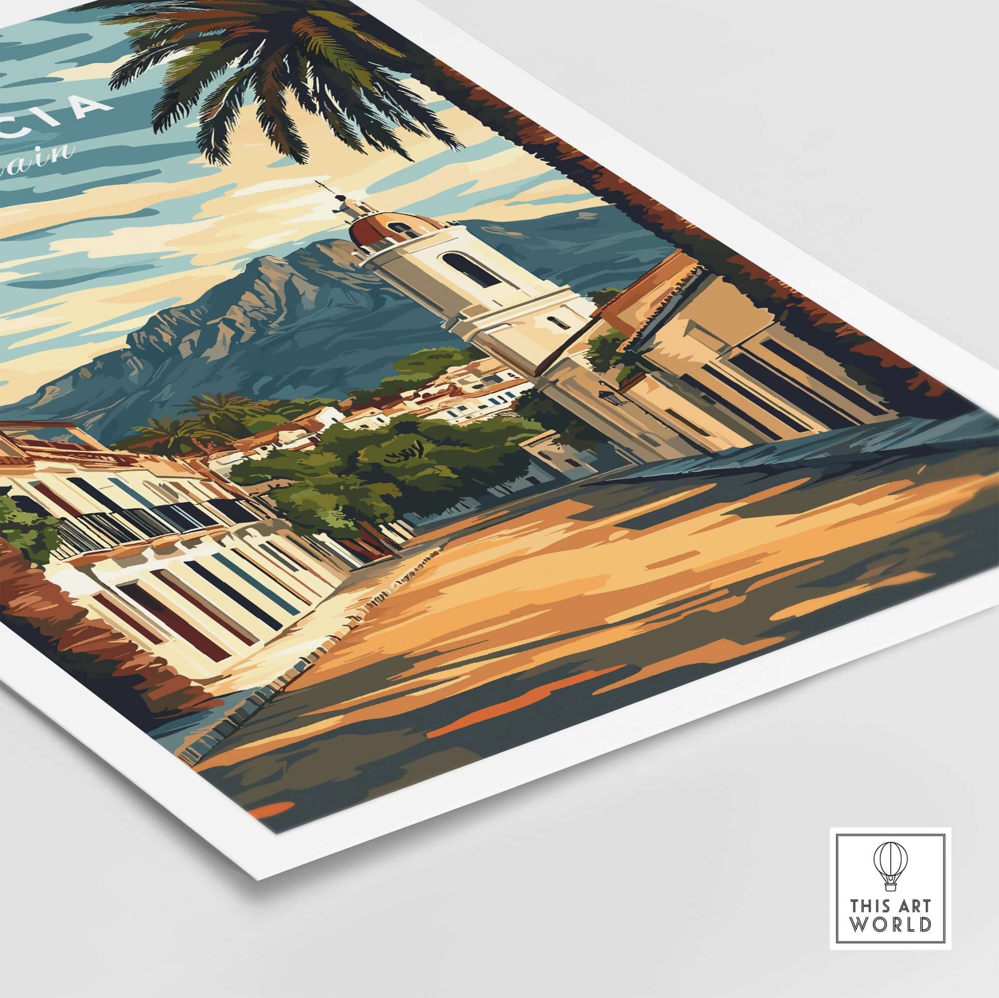 Murcia Travel Poster featuring stunning architecture and palm trees with mountains in the background.