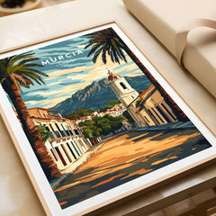 Murcia Travel Poster showcasing vibrant architecture and palm trees in Spain, perfect for home decor and travel inspiration.
