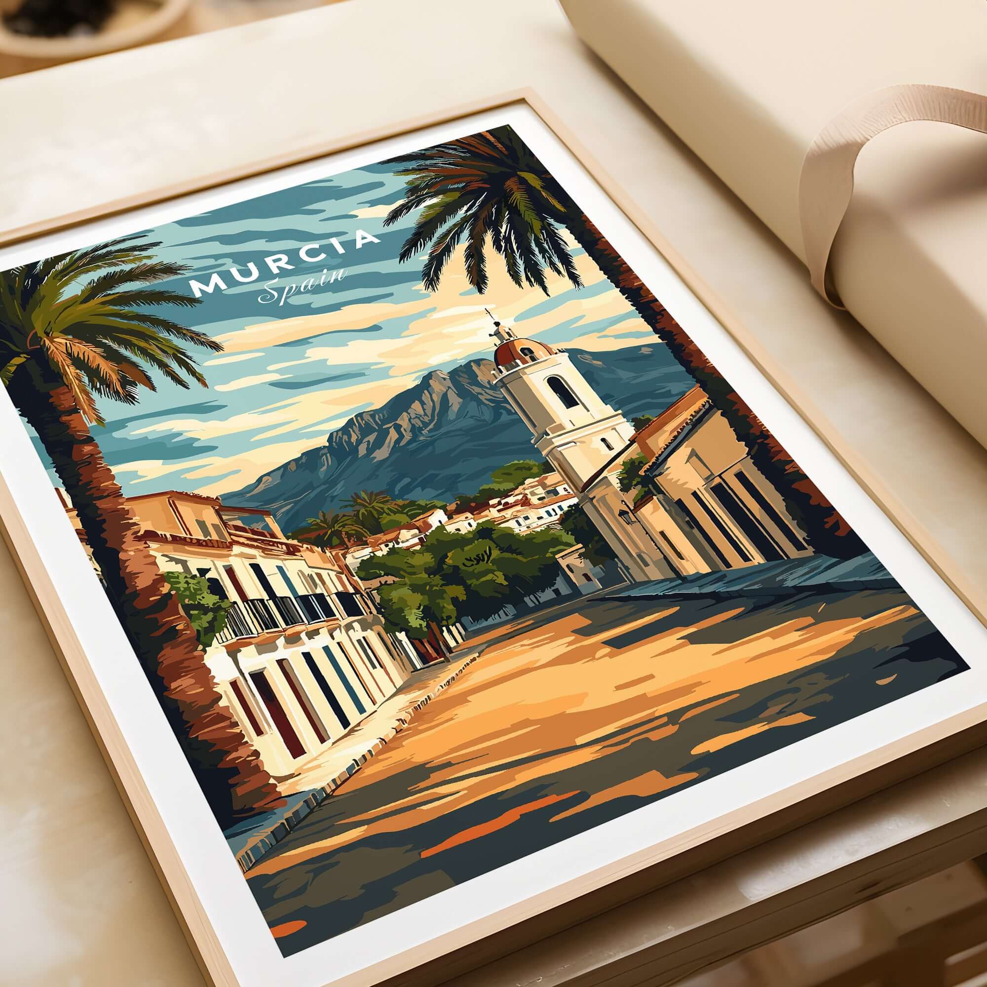 Murcia Travel Poster showcasing vibrant architecture and palm trees in Spain, perfect for home decor and travel inspiration.