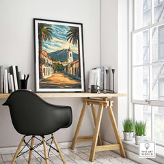 Murcia Travel Poster displayed in a bright, modern home office with stylish decor and accents.