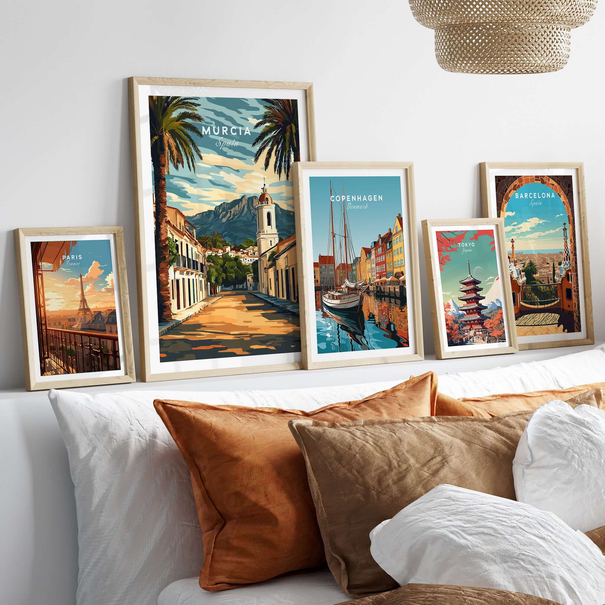 Murcia Travel Poster and other travel posters displayed on a modern wall, showcasing vibrant designs and colors.