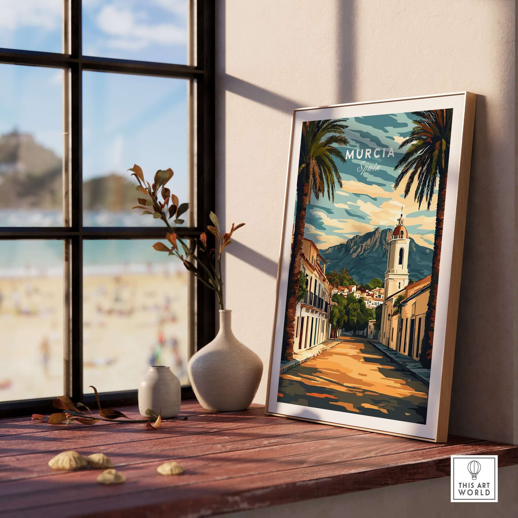 Murcia Travel Poster displayed by a sunny window showcasing Spanish architecture and coastal scenery.