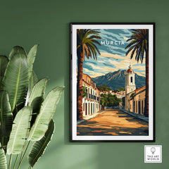 Murcia Travel Poster showcasing vibrant scenery, palm trees, and distinctive architecture of Murcia, Spain.