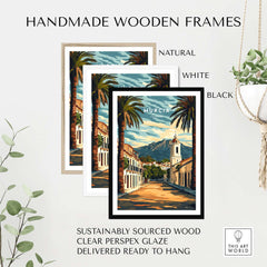 Murcia Travel Poster in handmade wooden frames: natural, white, black, sustainably sourced wood for wall art.