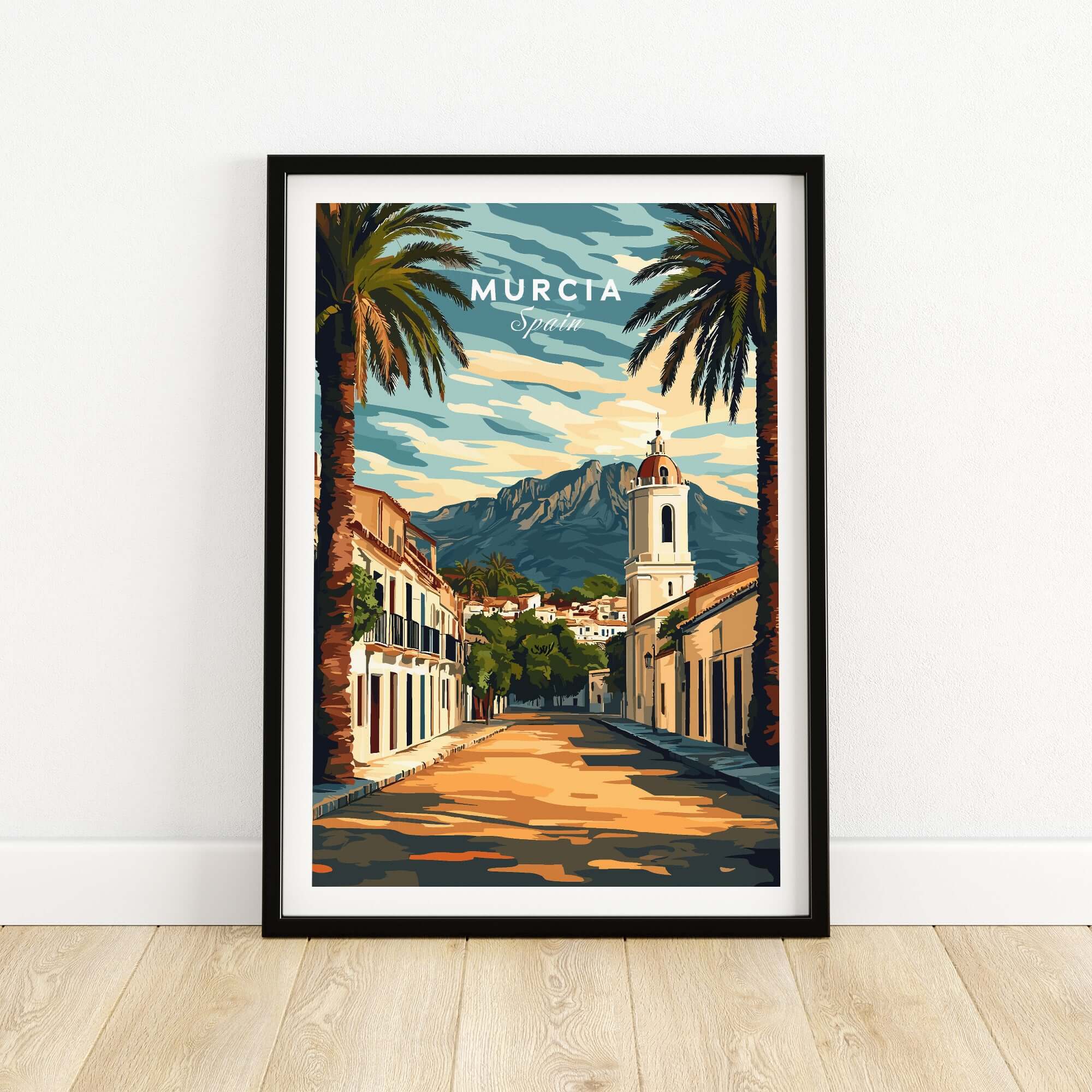 Murcia Travel Poster showcasing palm trees and stunning architecture of Spain in a vibrant design.