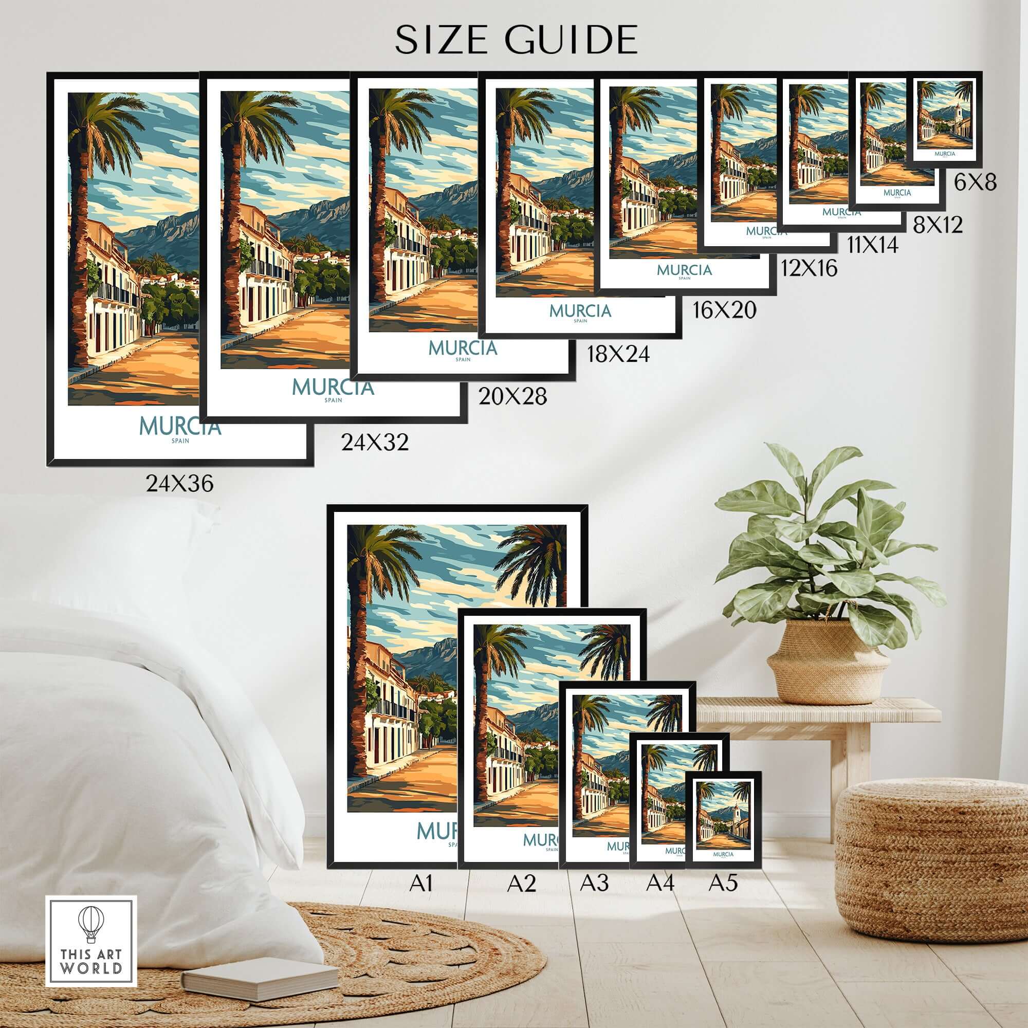 Murcia Travel Print size guide showcasing various print dimensions and vibrant design.