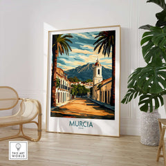 Murcia Travel Print showcasing a scenic view of Murcia, Spain, featuring palm trees and mountains in a vibrant art style.