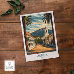 Murcia Travel Print featuring a vibrant landscape, palm trees, and mountains in the background, perfect for travel lovers.