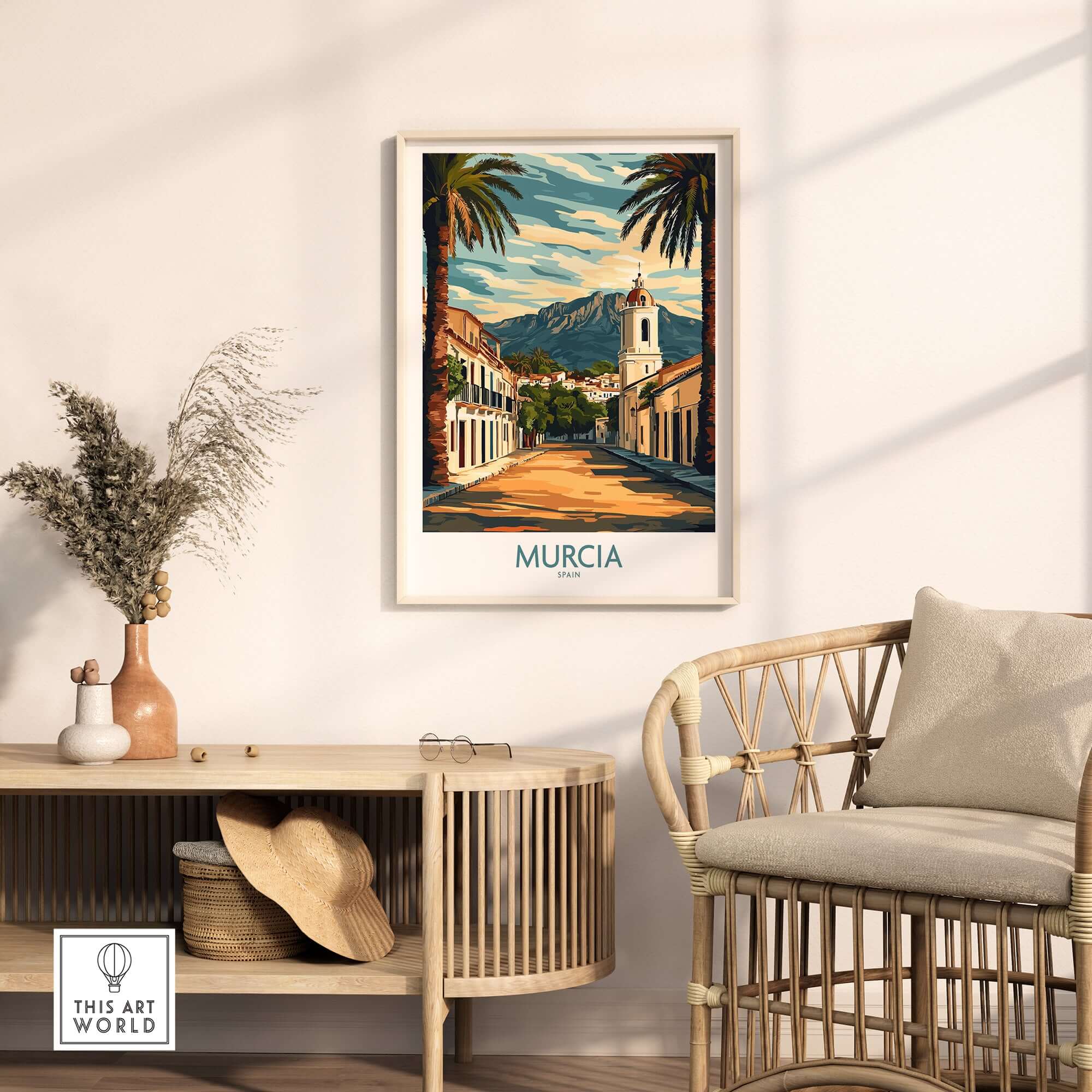 Murcia Travel Print featuring a picturesque view of Murcia with palm trees and mountains in the background.