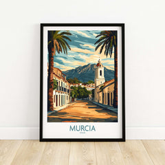 Murcia Travel Print vibrant street view featuring palm trees and mountains, perfect for decor lovers and travel enthusiasts.