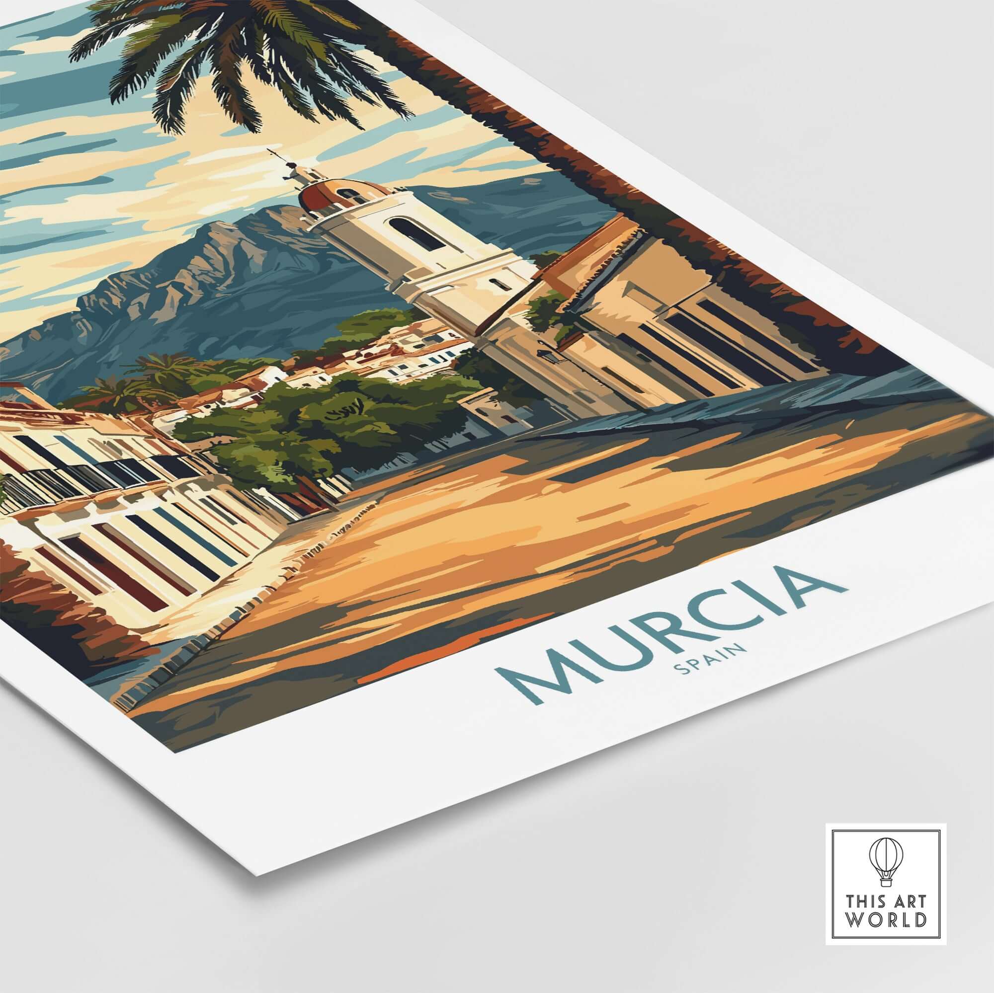 Murcia Travel Print showcasing a vibrant street scene in Murcia, Spain with palm trees and mountains in the background.