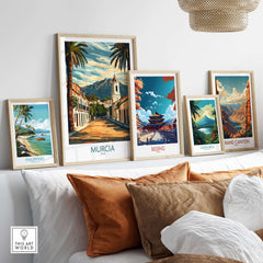 Murcia Travel Print showcased among framed travel posters, highlighting vibrant art of iconic landmarks.