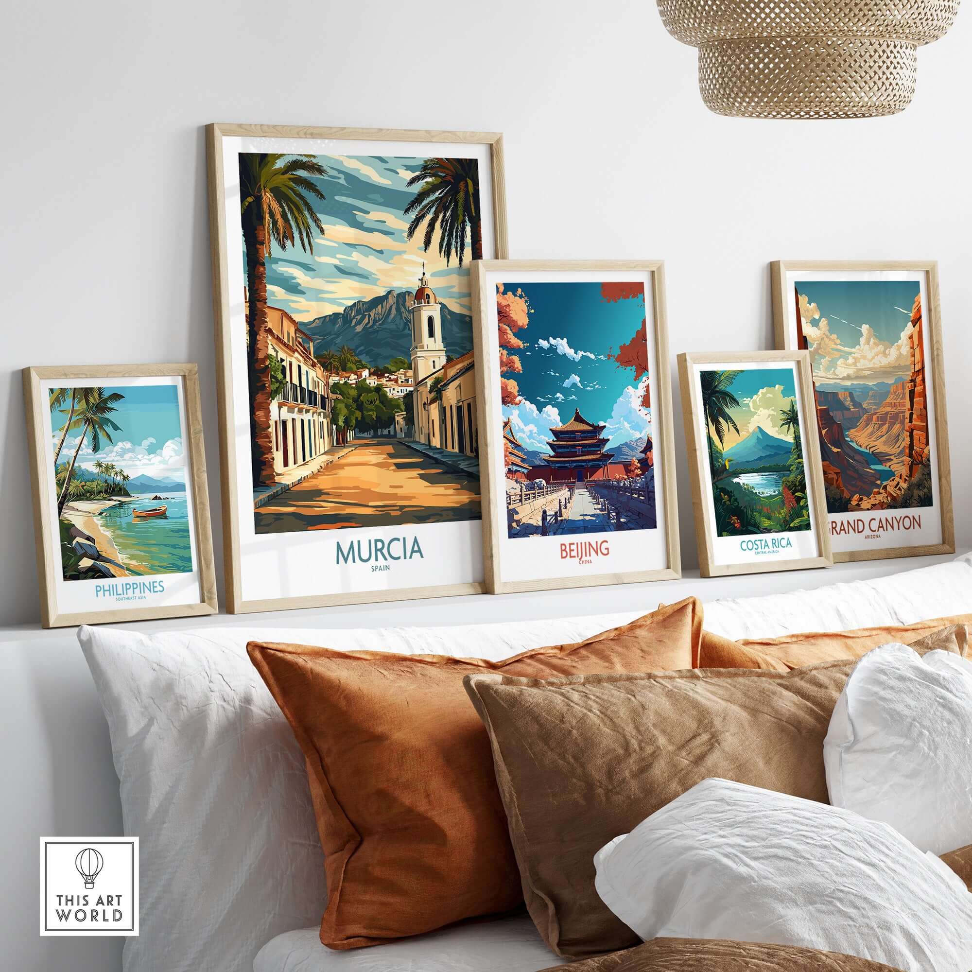 Murcia Travel Print showcased among framed travel posters, highlighting vibrant art of iconic landmarks.