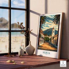 Murcia Travel Print showcasing a vibrant landscape of Murcia, Spain, with palm trees and mountains in the background.