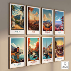 Murcia Travel Print and other iconic city travel prints on a wall, showcasing vibrant travel art.