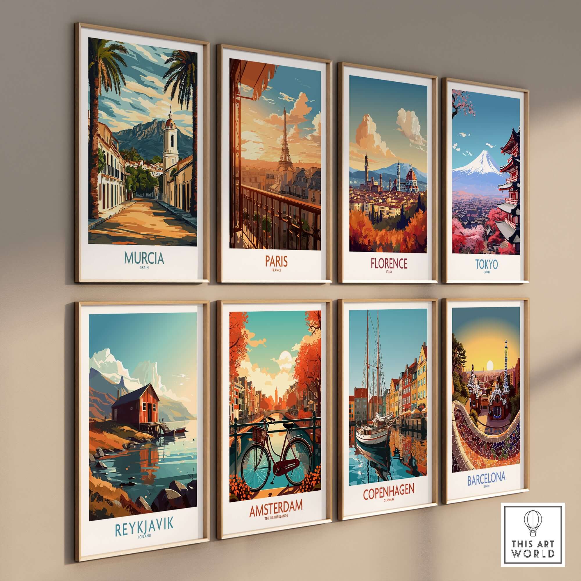 Murcia Travel Print and other iconic city travel prints on a wall, showcasing vibrant travel art.