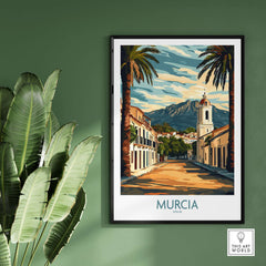Murcia Travel Print featuring a vibrant depiction of Murcia, Spain with palm trees and mountains.