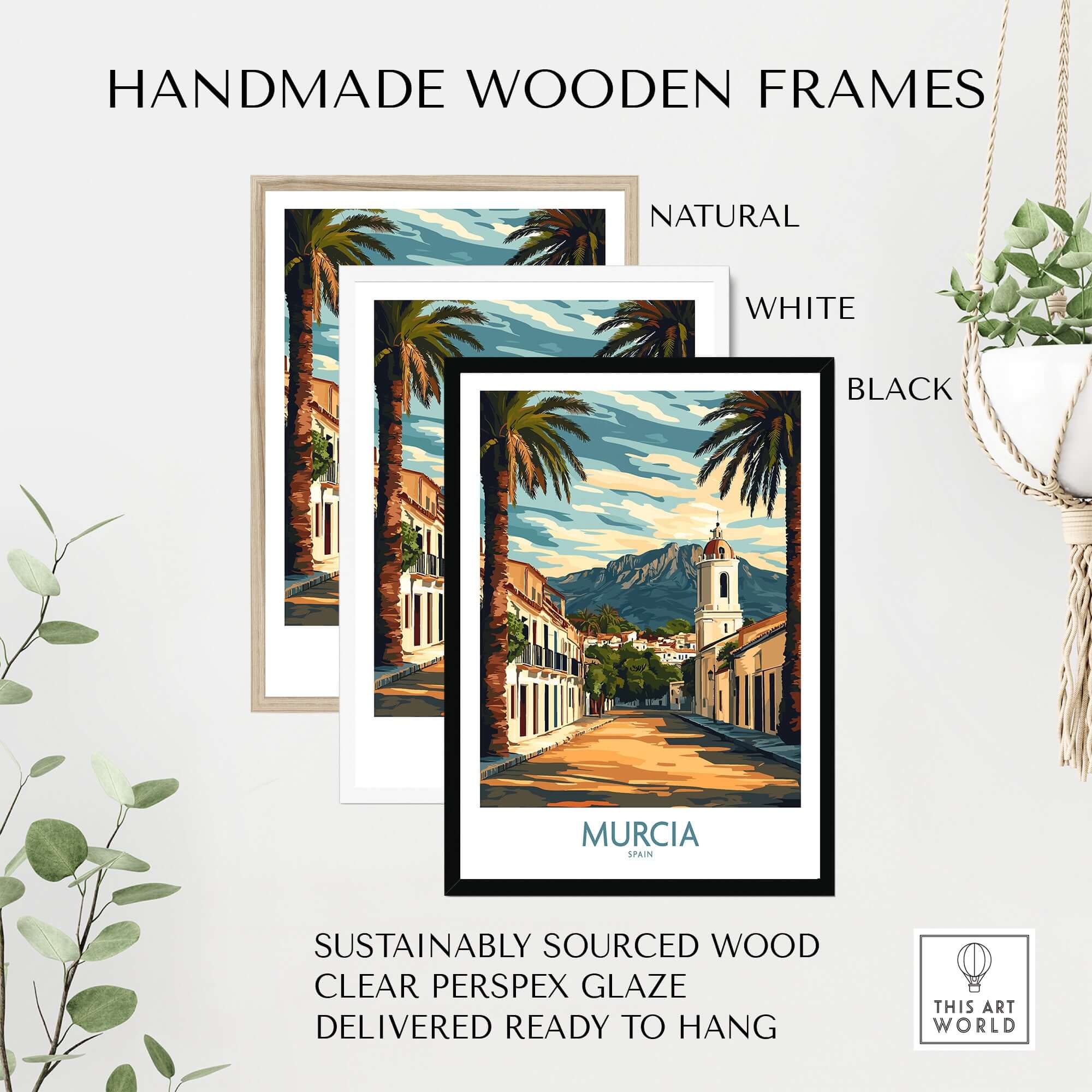 Murcia Travel Print framed in handmade wooden frames: natural, white, and black options.