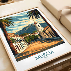 Murcia Travel Print featuring a vibrant street scene in Spain with palm trees and mountains.