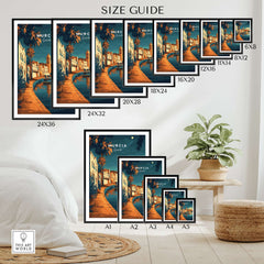 Size guide for Murcia Wall Art showcasing various print dimensions and framing options.