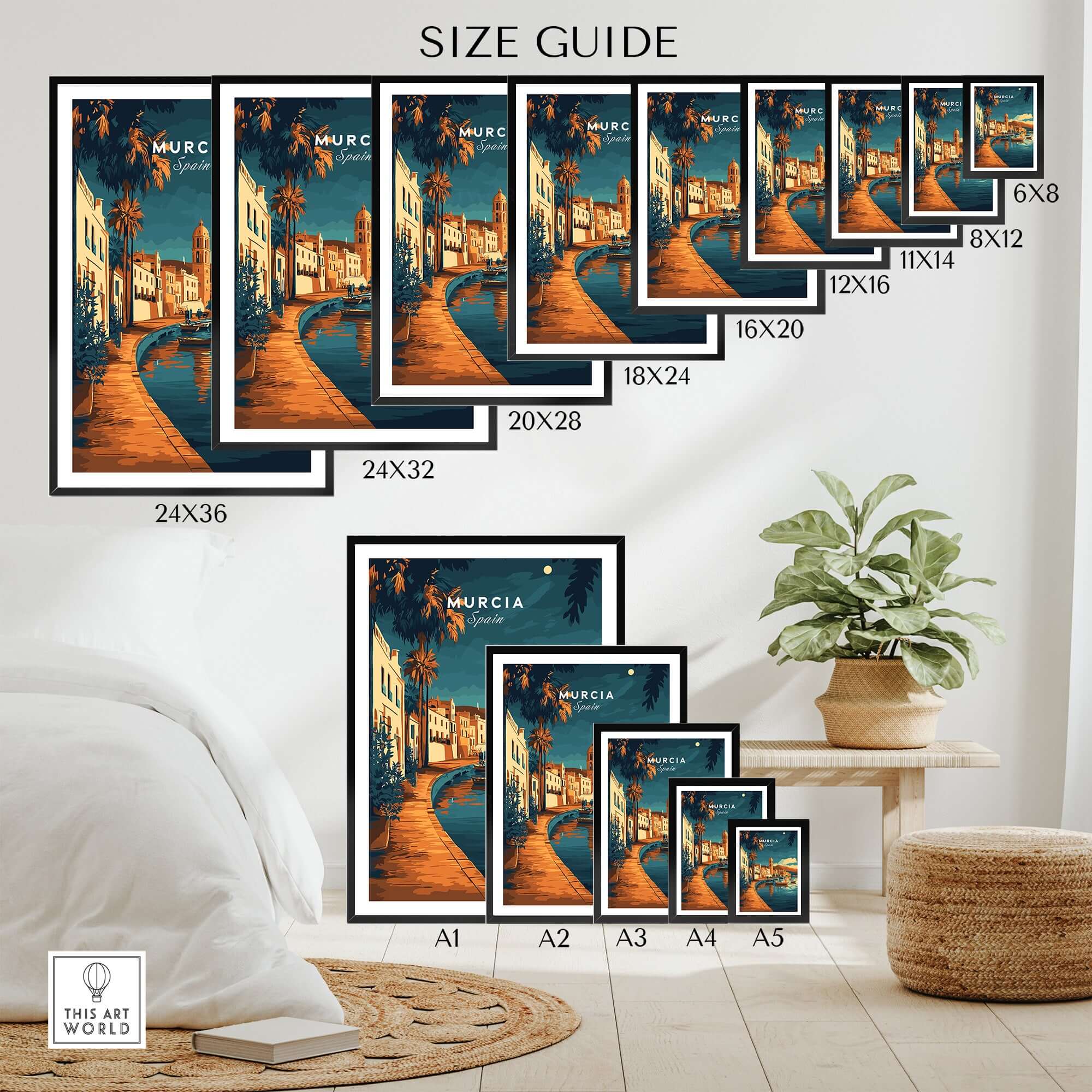 Size guide for Murcia Wall Art showcasing various print dimensions and framing options.