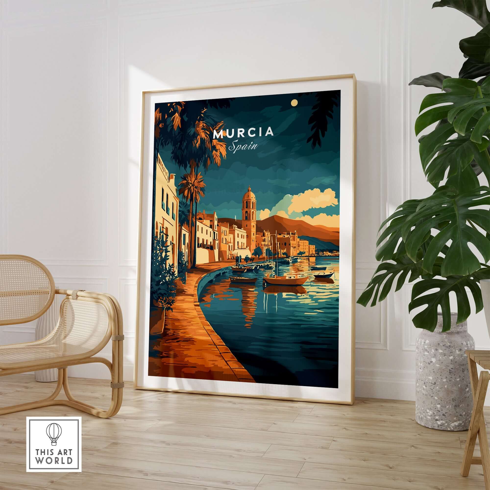 Murcia Wall Art showcasing a tranquil river scene in Spain with vibrant colors and elegant design.