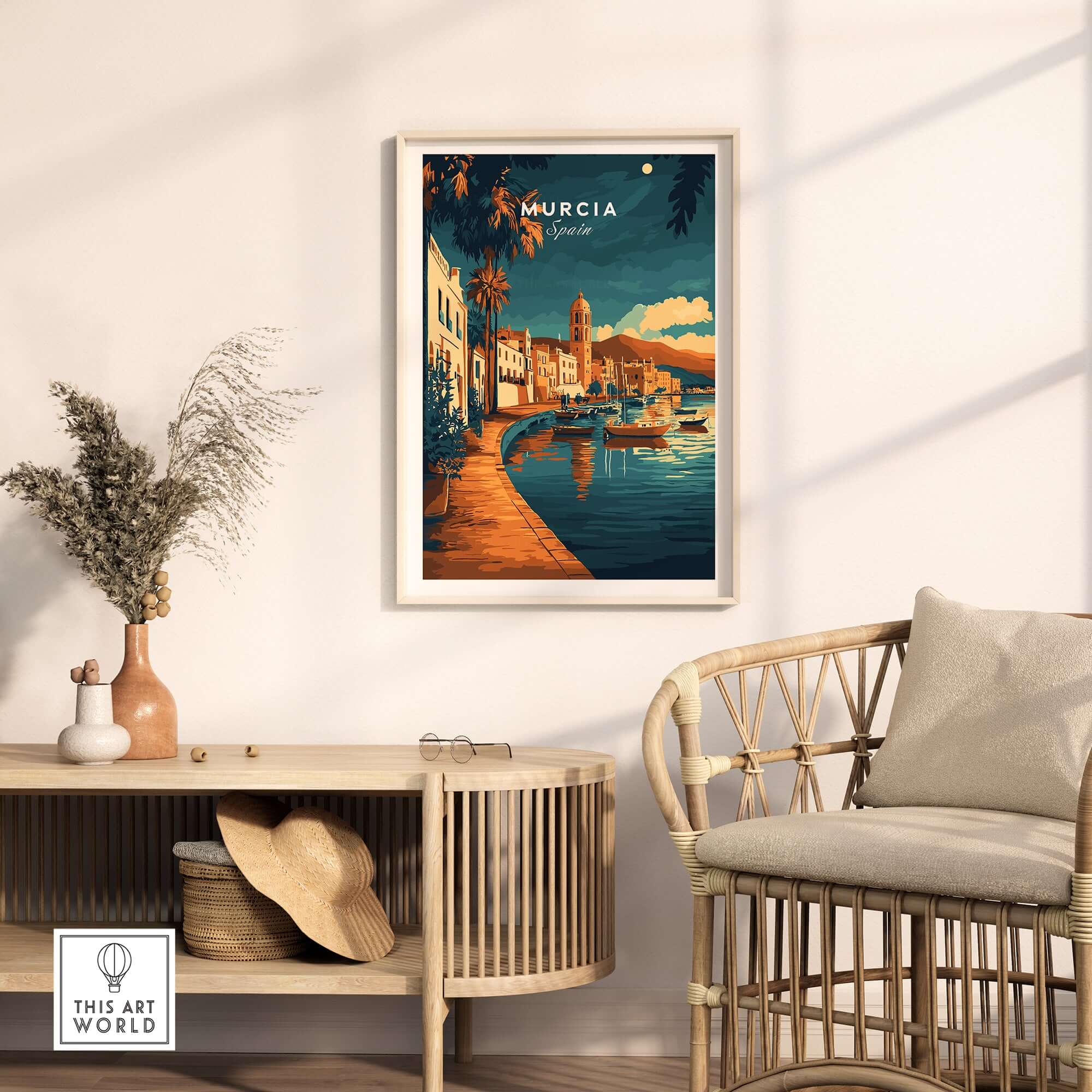 Murcia Wall Art showcasing a vibrant print of Murcia, Spain, perfect for home decoration and art lovers.
