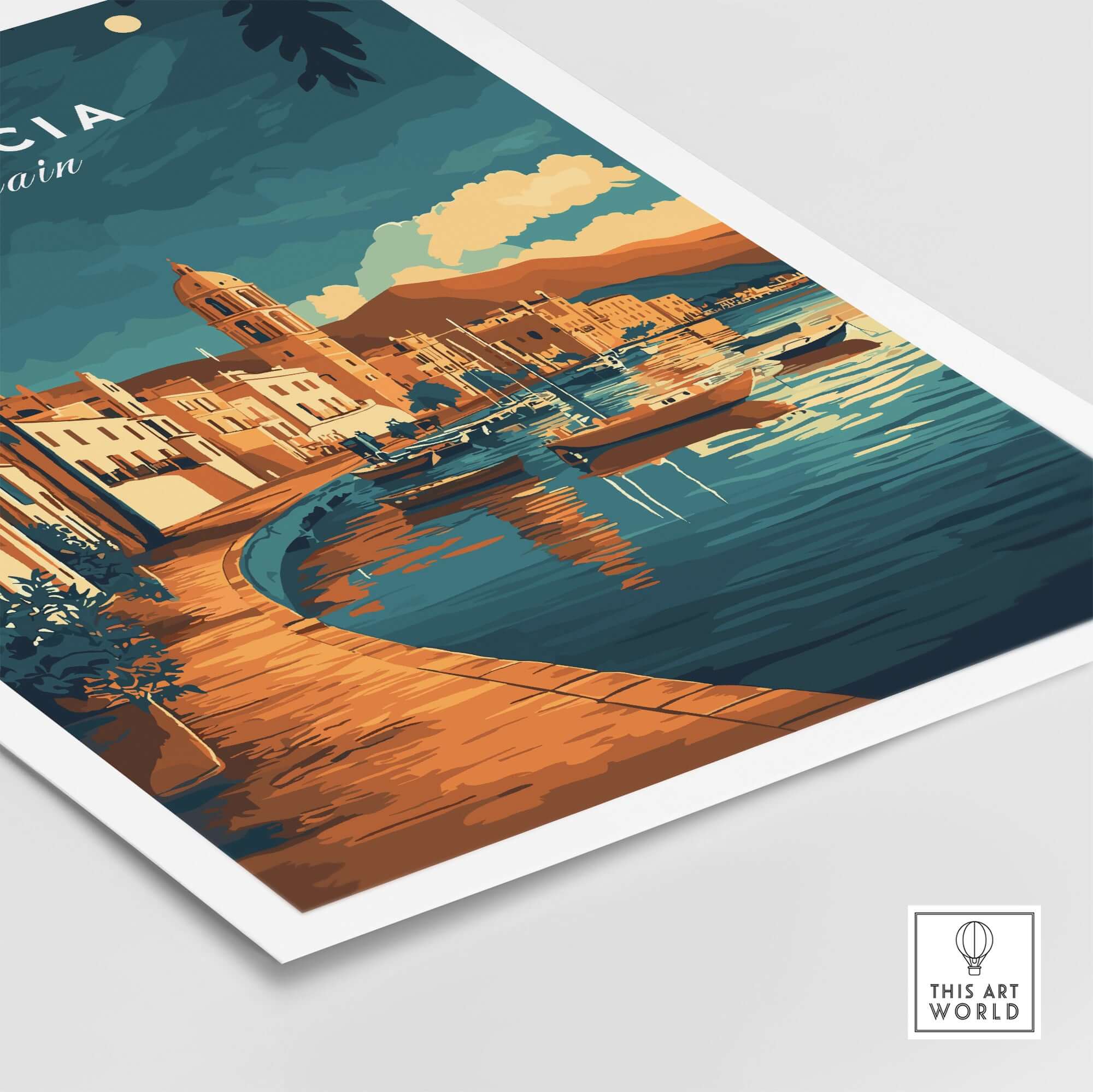 Murcia Wall Art featuring a scenic view of a waterfront in Spain with boats and buildings.