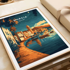 Murcia Wall Art showcasing a colorful waterfront scene in Spain with boats and a picturesque landscape.
