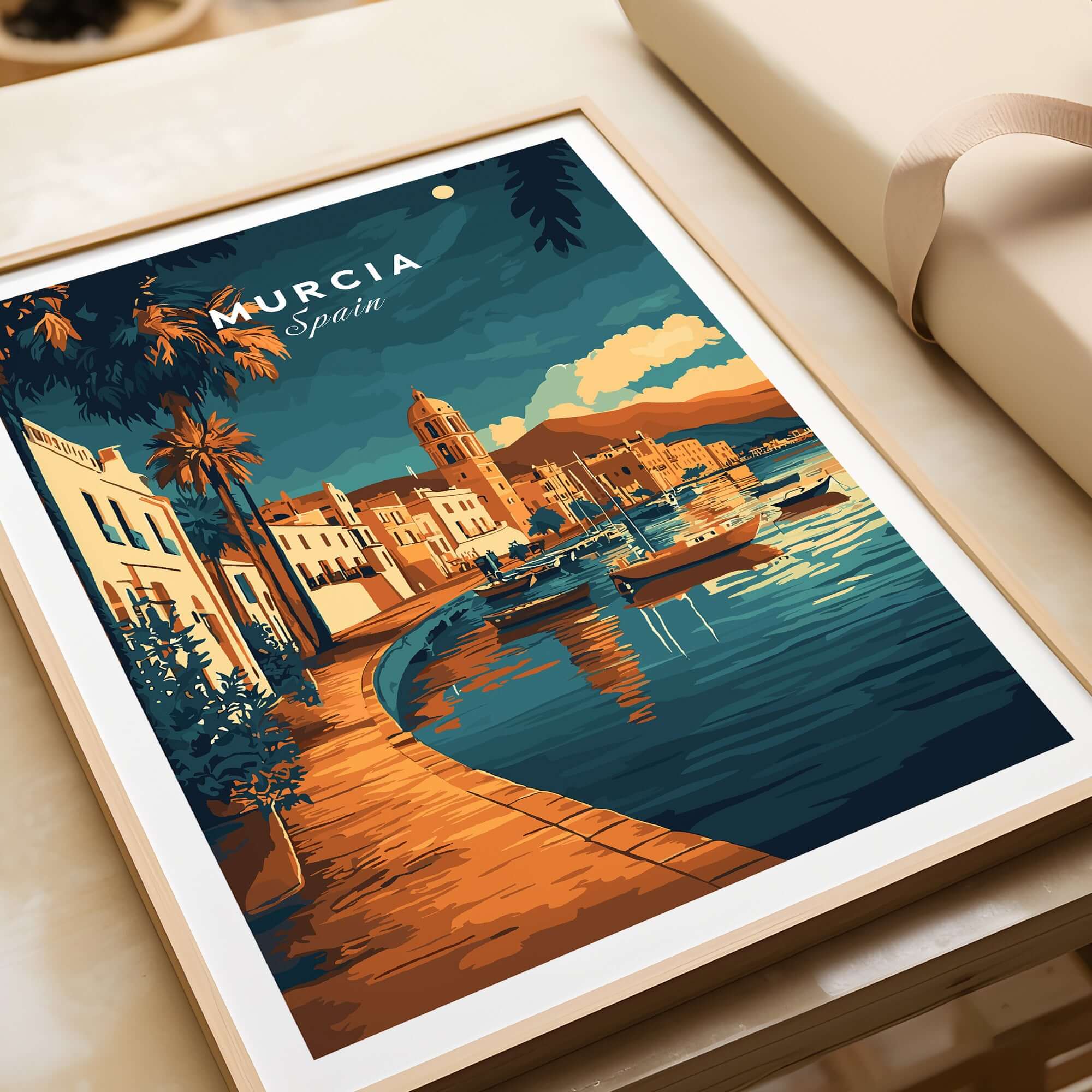 Murcia Wall Art showcasing a colorful waterfront scene in Spain with boats and a picturesque landscape.