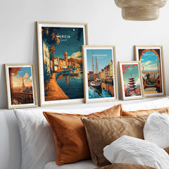 Murcia Wall Art featuring stunning prints of Spain, Copenhagen, and Barcelona displayed in stylish frames.