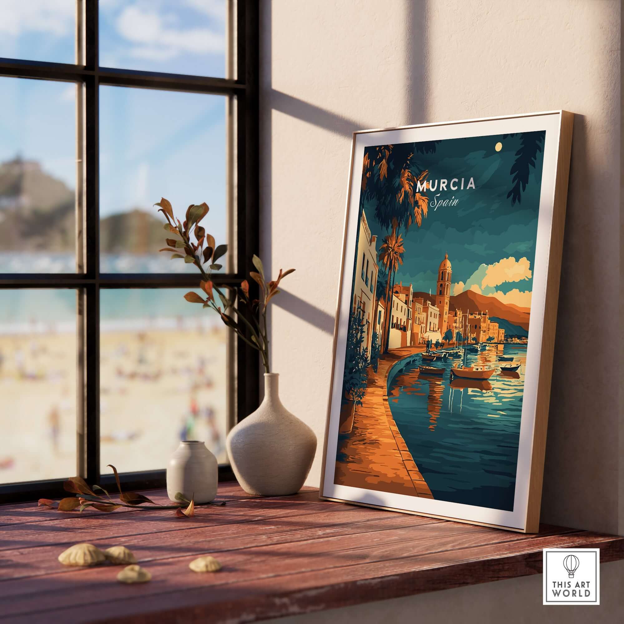 Murcia Wall Art featuring a vibrant print of the scenic waterfront landscape in Murcia, Spain, displayed in an elegant setting.