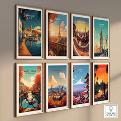 Murcia Wall Art featuring vibrant prints of major cities including Paris, Barcelona, and London on a gallery wall.
