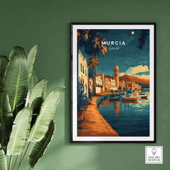 Murcia Wall Art featuring a scenic view of Murcia, Spain with boats and palm trees, perfect for home decor.
