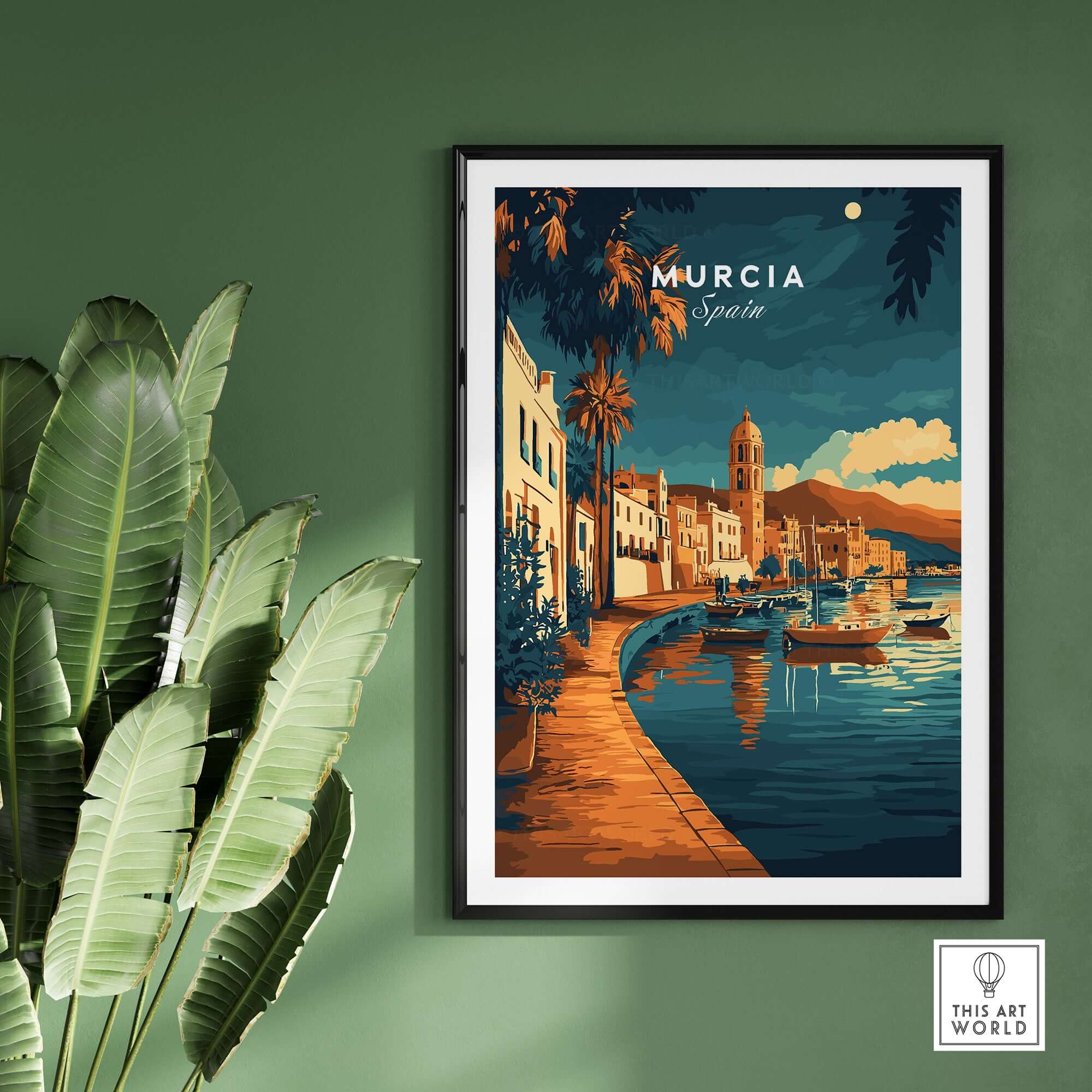 Murcia Wall Art featuring a scenic view of Murcia, Spain with boats and palm trees, perfect for home decor.