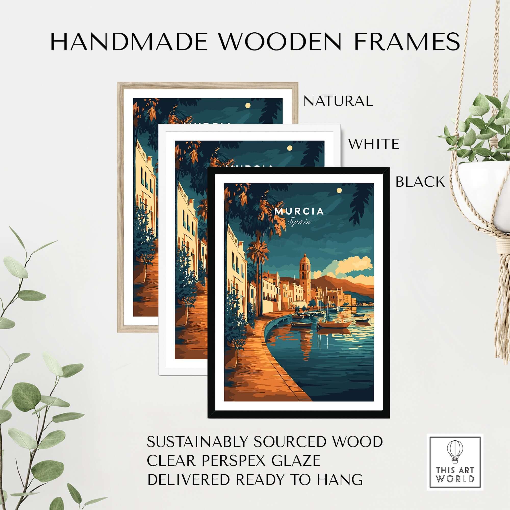 Murcia Wall Art displayed in handmade wooden frames: natural, white, and black options, perfect for any decor.
