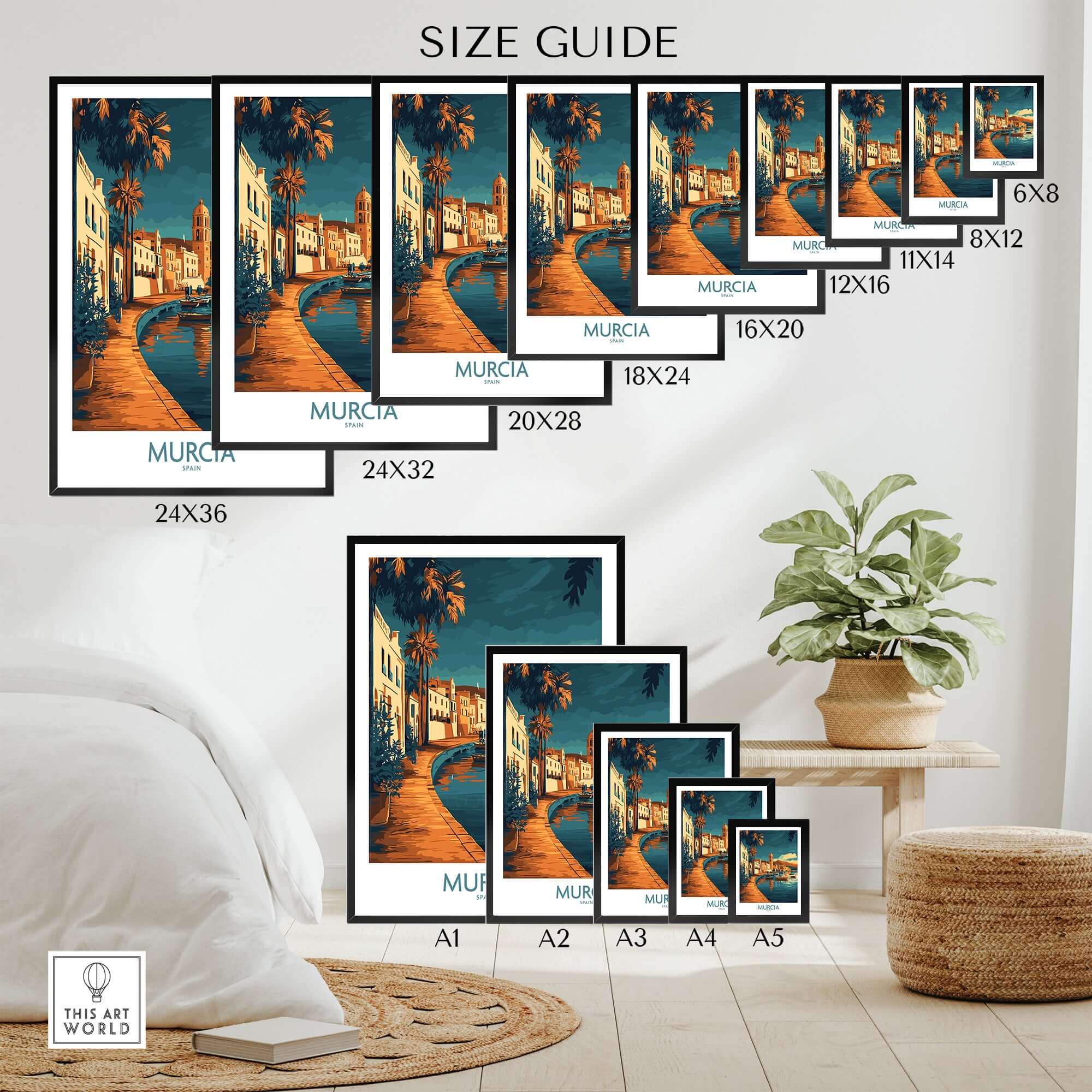 Murcia Wall Art Print size guide showcasing various dimensions for ideal home decor.