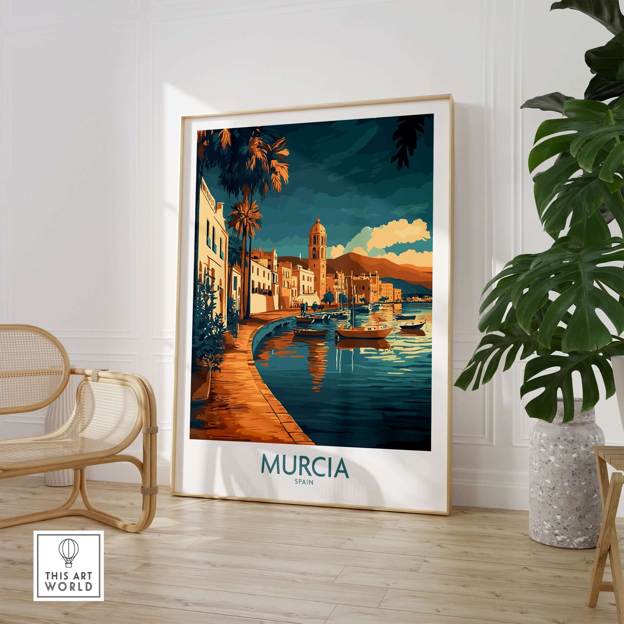 Murcia Wall Art Print featuring a vibrant scene of Murcia, Spain in a stylish interior setting.