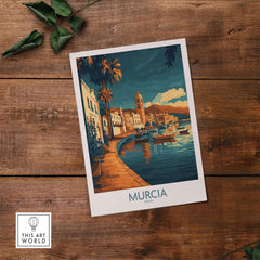 Murcia Wall Art Print showcasing a vibrant scene of Murcia, Spain with palm trees and boats on the water.
