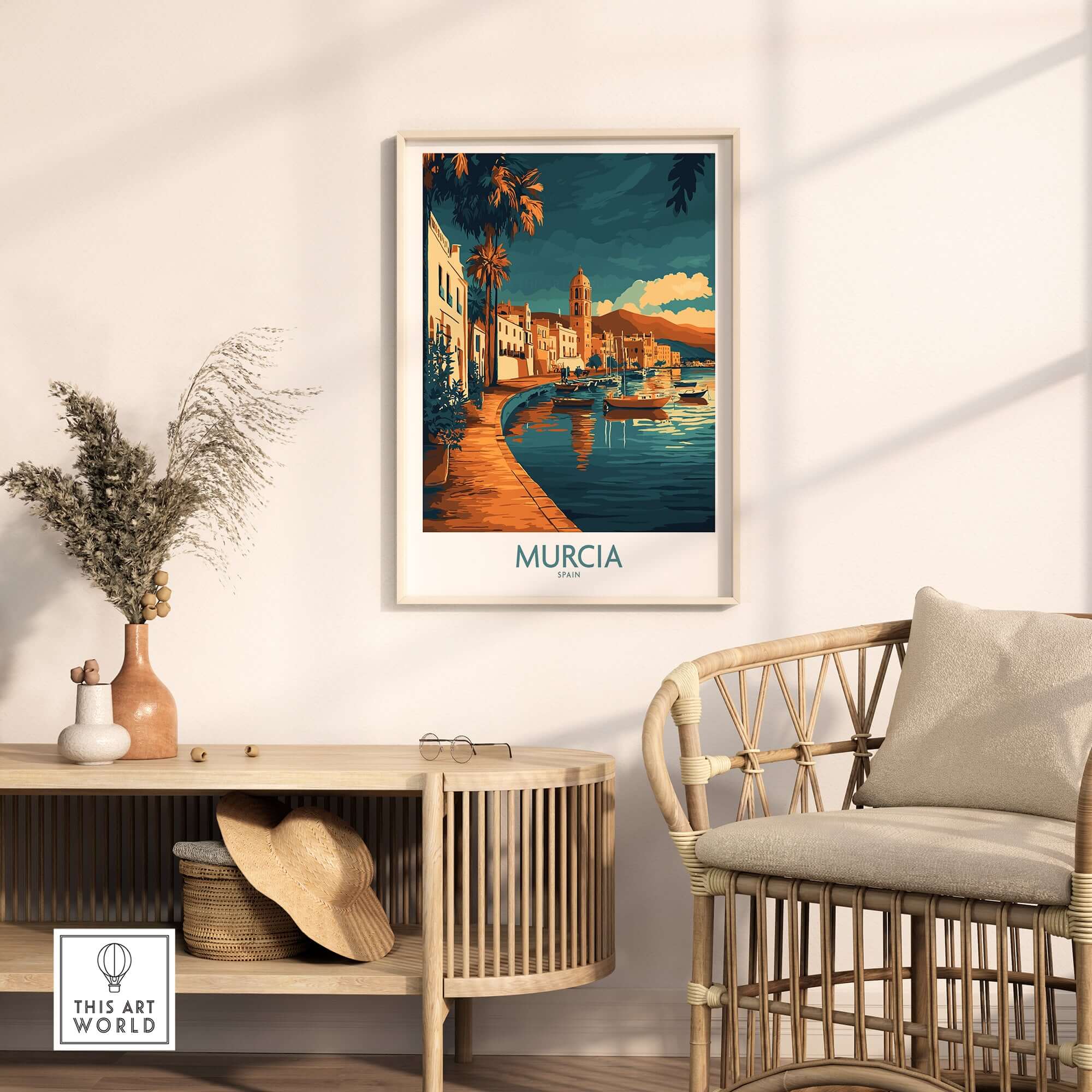 Murcia Wall Art Print displayed in a stylish living room, showcasing vibrant colors and intricate design.