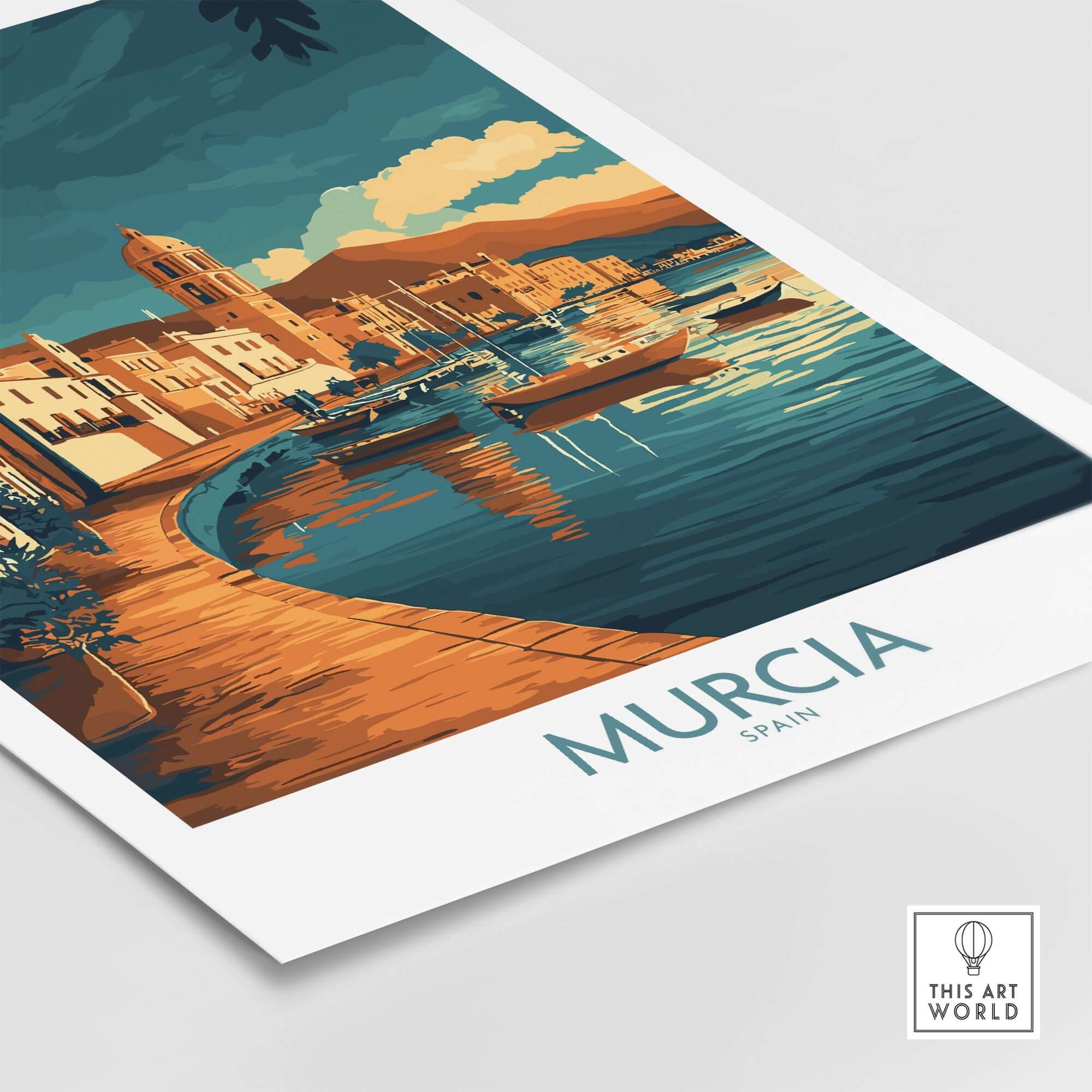 Murcia Wall Art Print showcasing a vibrant landscape of Murcia, Spain with colorful reflections on water.