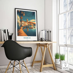 Murcia Wall Art Print displayed in a stylish home office, enhancing decor with vibrant colors and intricate design.
