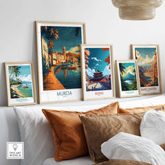 Murcia Wall Art Print displayed among travel posters showcasing vibrant designs and colors on a stylish wall decor.