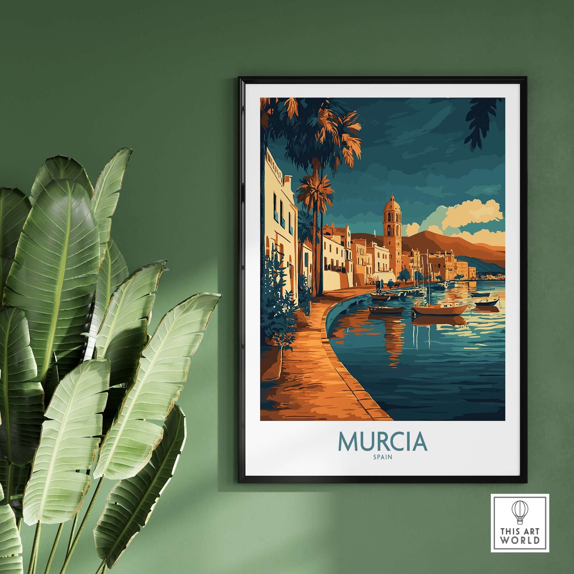 Murcia Wall Art Print showcasing a vibrant coastal scene with boats and architecture in Spain.