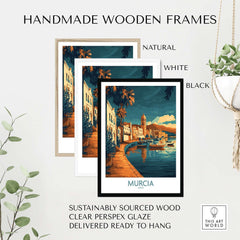 Murcia Wall Art Print in handmade wooden frames featuring natural, white, and black options, ready to hang.