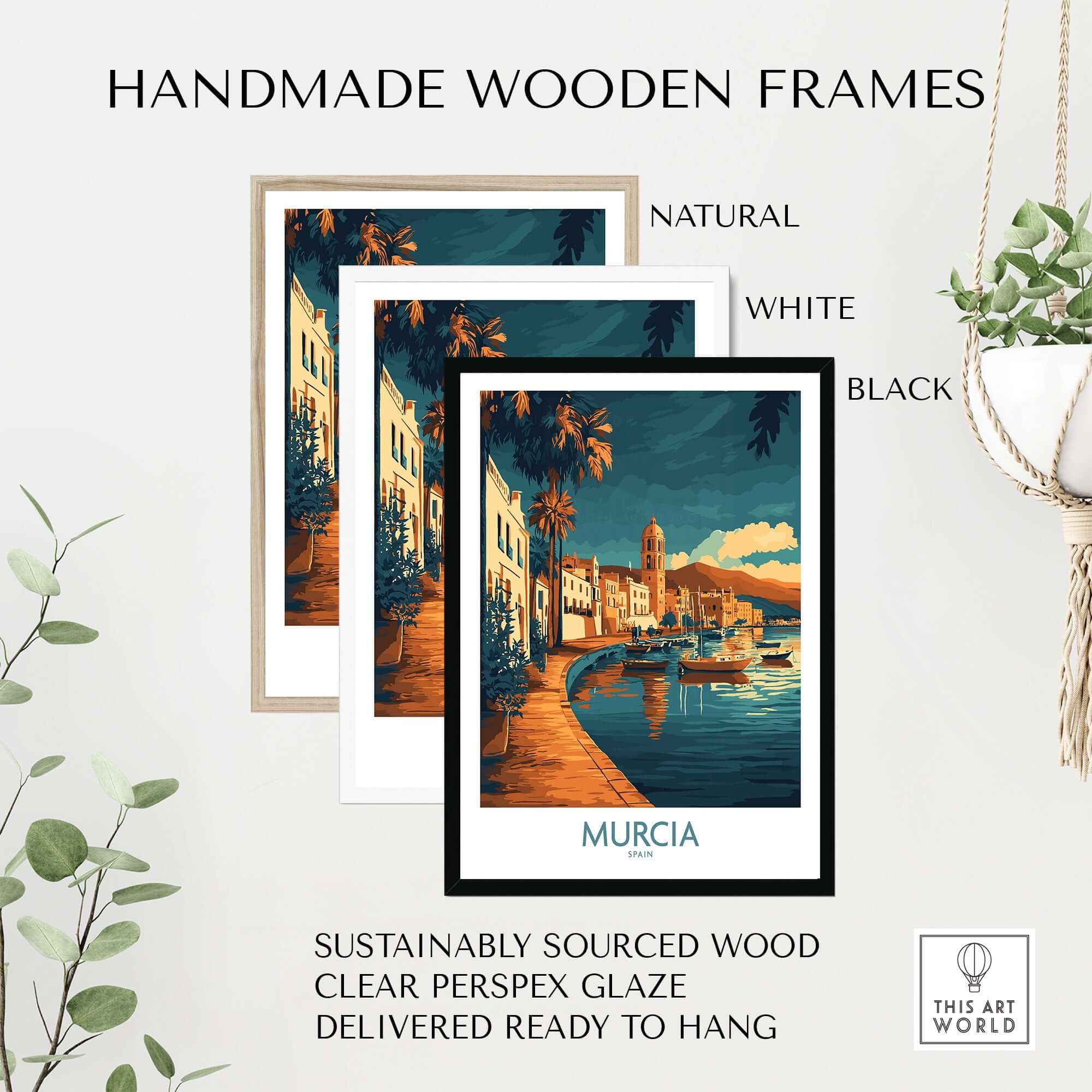 Murcia Wall Art Print in handmade wooden frames featuring natural, white, and black options, ready to hang.